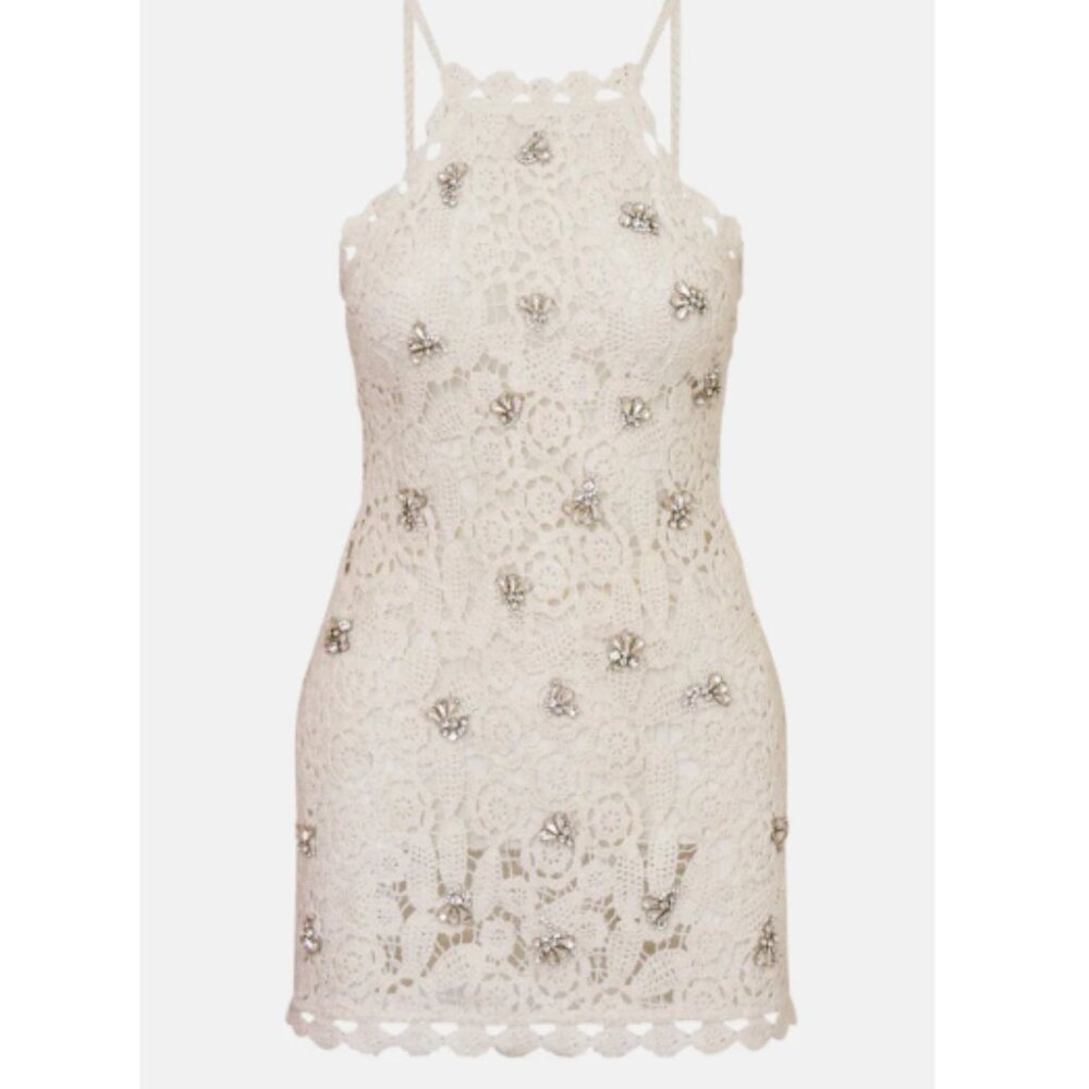 LOVESHACKFANCY Cream Crochet and Embellished Considine Mini Dress
